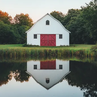 Classic white barn reflecting in pond at sunrise - Image 1