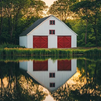 Classic white barn reflecting in pond at sunrise - Image 4