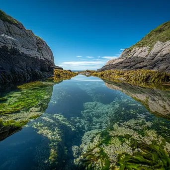 Rock pool reflecting blue sky surrounded by green seaweed - Image 2