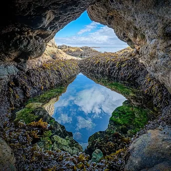 Rock pool reflecting blue sky surrounded by green seaweed - Image 3