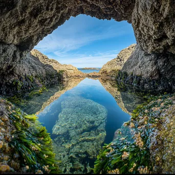 Rock pool reflecting blue sky surrounded by green seaweed - Image 4