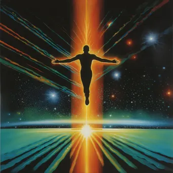 Figure floating above Earth reaching towards the cosmos - Image 1