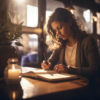 Woman writing goals in a notebook in a stylish café with cozy lighting. - Image 1