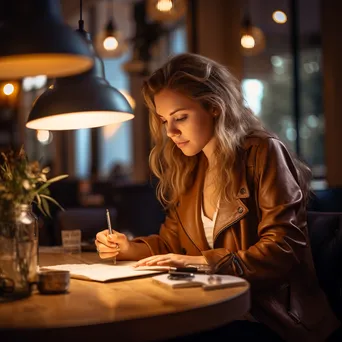 Woman writing goals in a notebook in a stylish café with cozy lighting. - Image 2