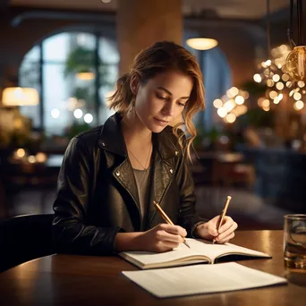 Woman writing goals in a notebook in a stylish café with cozy lighting. - Image 3