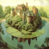 Historic castle with moat in lush green landscape - Image 1