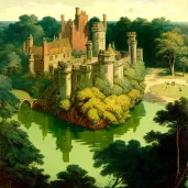 Historic Castle with Moat in Lush Green Landscape