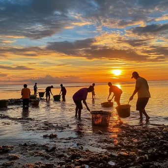 Families harvesting oysters along the shore at sunset - Image 1