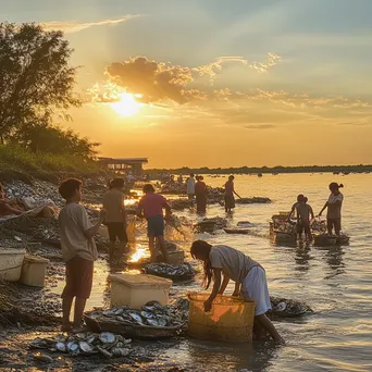 Families harvesting oysters along the shore at sunset - Image 2