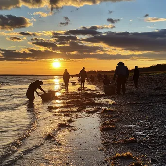 Families harvesting oysters along the shore at sunset - Image 3