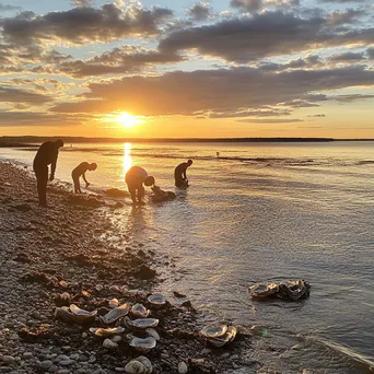 Family Oyster Harvesting at Sunset