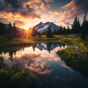 Mountain plateau reflected in tranquil lake at sunset. - Image 1