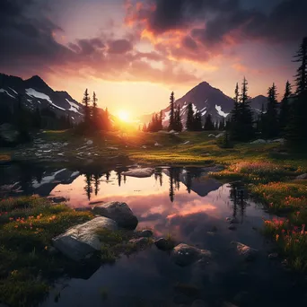 Mountain plateau reflected in tranquil lake at sunset. - Image 2