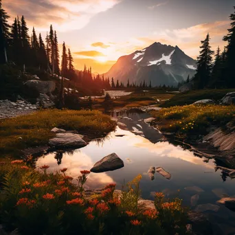 Mountain plateau reflected in tranquil lake at sunset. - Image 3