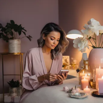 Influencer reviewing skincare products in a decorated room - Image 1