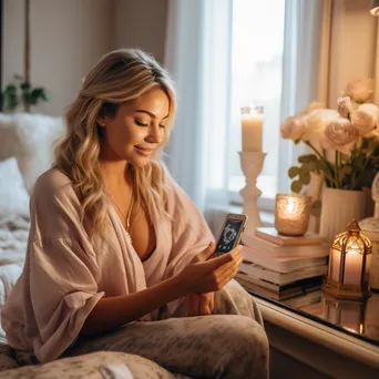 Influencer reviewing skincare products in a decorated room - Image 2