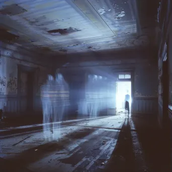 Eerie light trails in abandoned building with ghostly figures - Image 1