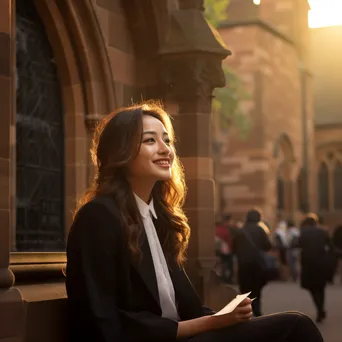 Graduate admiring diploma outside historic building - Image 3