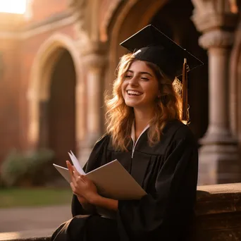 Graduate admiring diploma outside historic building - Image 4