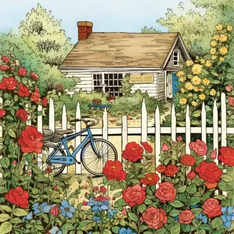 Cottage garden with climbing roses and vintage bicycle - Image 3