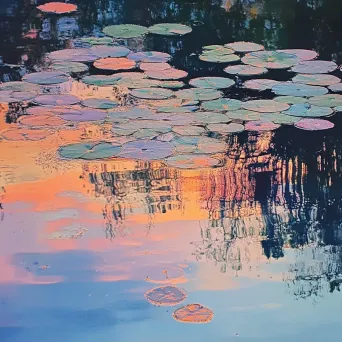 Bacteria colonies depicted as warped reflections on a lake at sunset - Image 1