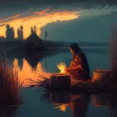 Image of woman weaving baskets by reflective lake - Image 3