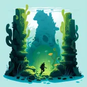 Diver exploring ancient algae-covered sunken statue underwater - Image 2