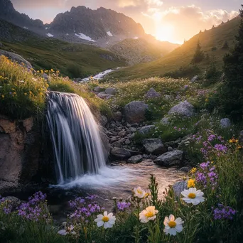 Tranquil waterfall in a secluded valley surrounded by wildflowers - Image 1