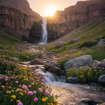 Tranquil waterfall in a secluded valley surrounded by wildflowers - Image 4