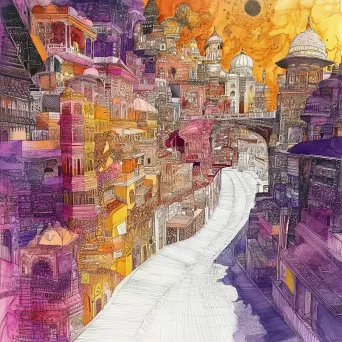 Watercolor cityscape displaying henna-inspired, intricate street designs - Image 2