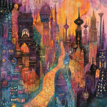 Watercolor cityscape displaying henna-inspired, intricate street designs - Image 4