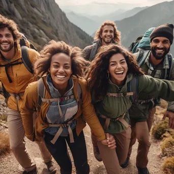 Diverse group of friends hiking up a mountain trail. - Image 1