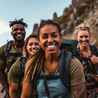 Diverse group of friends hiking up a mountain trail. - Image 2