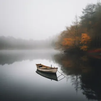 Lonely boat on a calm lake surrounded by mist - Image 1