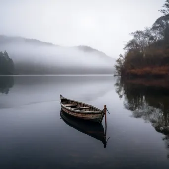 Lonely boat on a calm lake surrounded by mist - Image 3