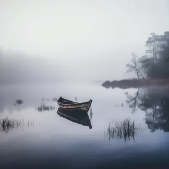 Lonely boat on a calm lake surrounded by mist - Image 4