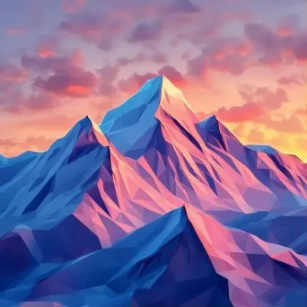 Low poly rendering of snow-capped mountains under a vibrant sunset - Image 1