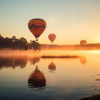 Hot air balloons over a misty lake at sunrise - Image 1