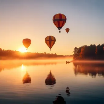 Hot air balloons over a misty lake at sunrise - Image 2