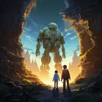 Illustration of a child and a robot exploring ancient alien ruins on a distant world - Image 4