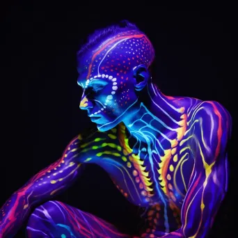 A performer draped in UV sensitive body painting under neon lights - Image 1