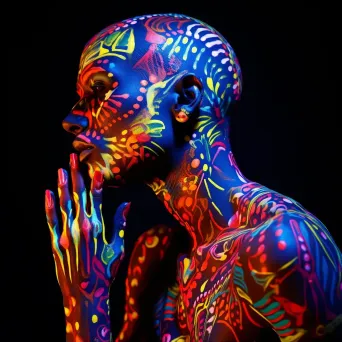 A performer draped in UV sensitive body painting under neon lights - Image 2