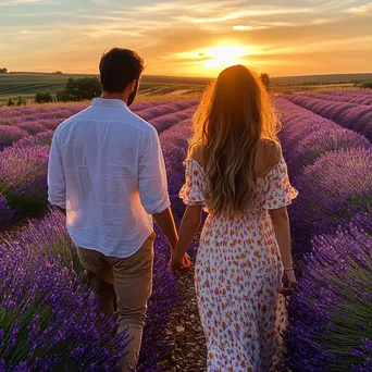 Couple walking hand in hand in lavender fields. - Image 2