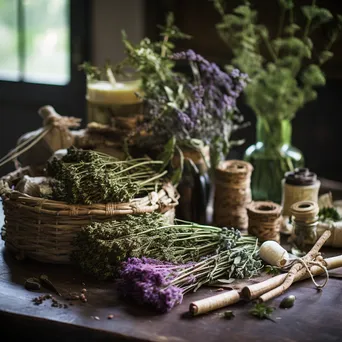 Arrangement of handmade hedgerow crafts on wooden table - Image 1