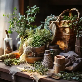 Arrangement of handmade hedgerow crafts on wooden table - Image 4