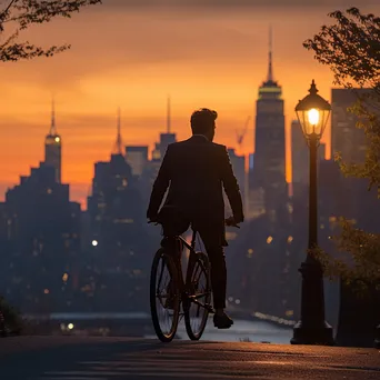 Office worker biking home during sunset with city skyline - Image 1