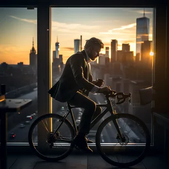 Office worker biking home during sunset with city skyline - Image 2