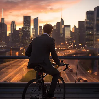 Office worker biking home during sunset with city skyline - Image 3