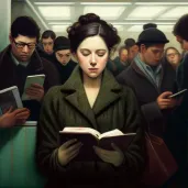 Illustration of a woman reading an e-book on a tablet in a crowded subway - Image 3