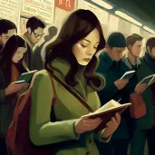 Illustration of a woman reading an e-book on a tablet in a crowded subway - Image 4